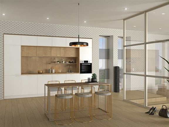 Moderne witte keuken met hout