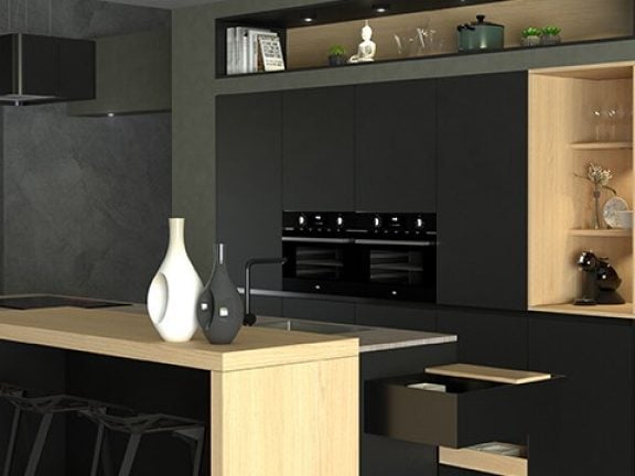 Moderne zwarte keuken met hout