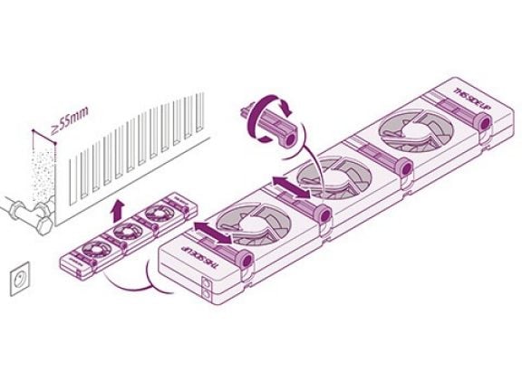 SpeedComfort radiatorventilator magneetschuifjes vastklikken op radiator smaller dan 7 cm tussen de platen